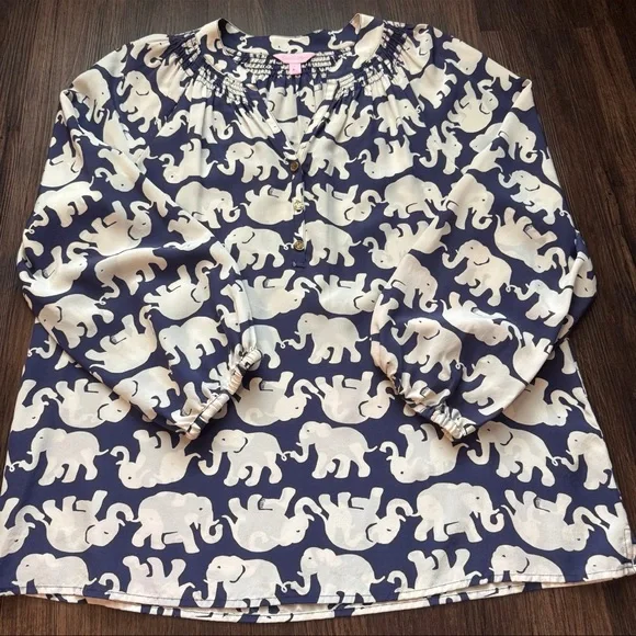 Lilly Pulitzer Elsa Elephant Navy and Cream Patterned Top - Picture 2 of 8